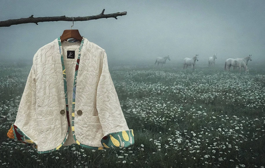 Cover image of the Cusp Spring/Summer 2026 collection by Naghmeh Keyomarsi, featuring a light textured jacket with colorful Iranian craft details in a misty field setting.