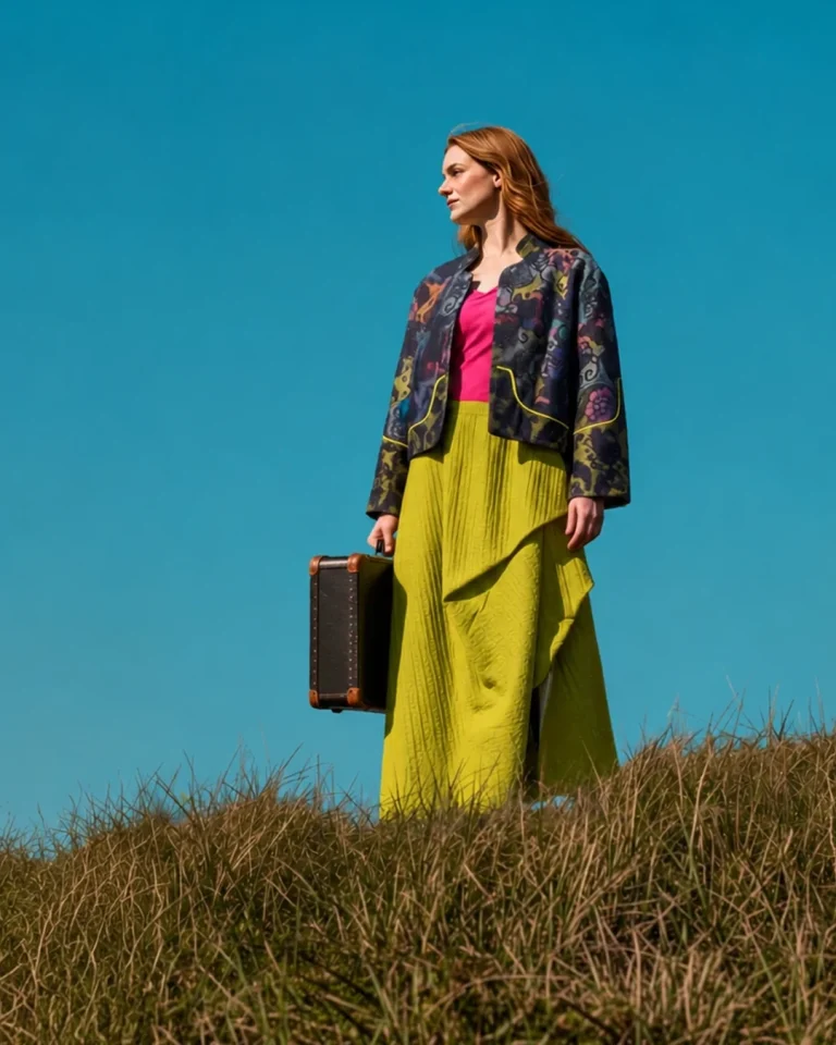 Outdoor view of the Toranj Jacket and Skirt with a handwoven lace jacket, silk taffeta skirt, and a bold color composition against a blue sky