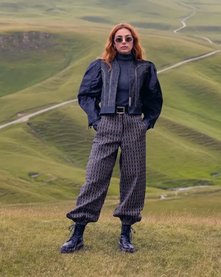 Full-length outdoor view of the Fika Jacket and Trousers standing in a green hilly landscape, with a cropped structured jacket, patterned trousers, and black boots