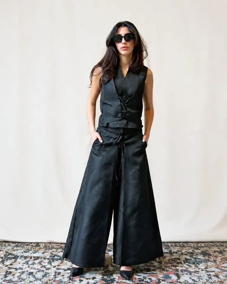 Front view of the flowing culottes and Sika vest from the Cusp Spring/Summer 2026 collection.
