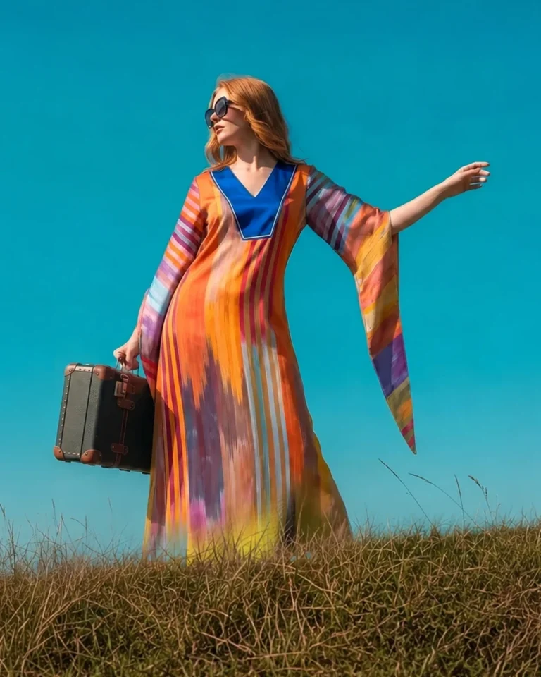 Darayi Silk Kaftan from Look 15 of the Cusp collection shown outdoors, with vivid vertical stripes, a glossy blue neckline, flowing sleeves, and a suitcase held by the model.