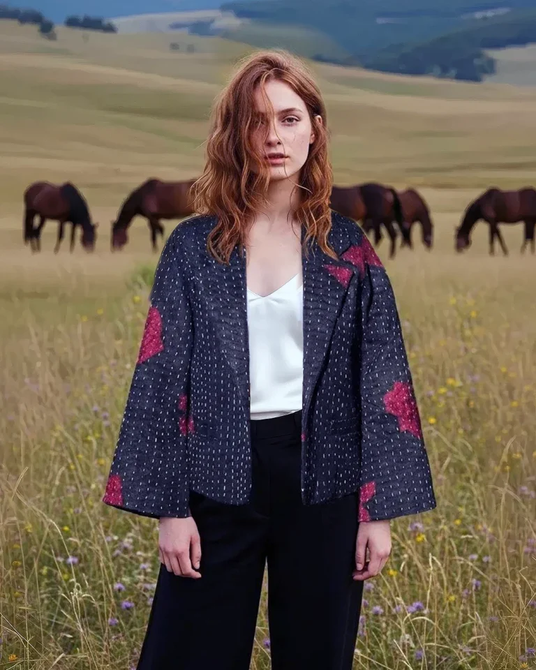 Full-length view of the Saro Reversible Jacket in dark handwoven textile with deep pink patchwork, styled with a white top and dark trousers in an outdoor setting