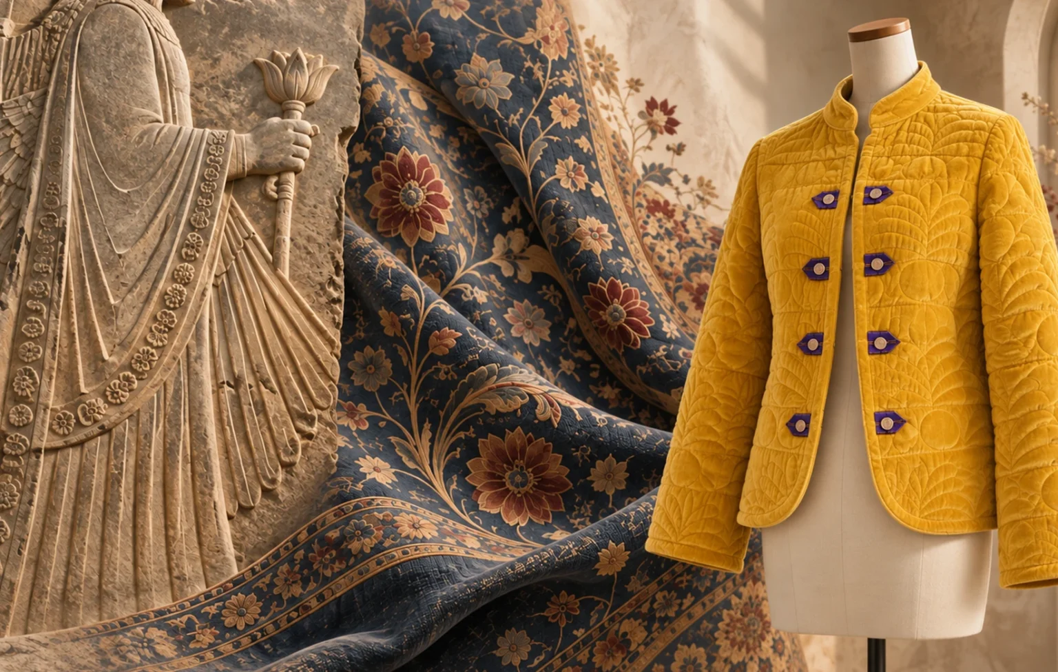 Ancient Persian relief and floral textile alongside a yellow velvet jacket based on Naghmeh Kiumarsi’s design.