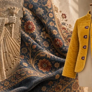 Ancient Persian relief and floral textile alongside a yellow velvet jacket based on Naghmeh Kiumarsi’s design.