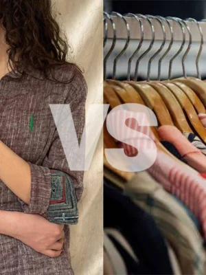 Slow fashion versus fast fashion comparison: a handcrafted linen shirt contrasted with a rack of mass-produced clothing
