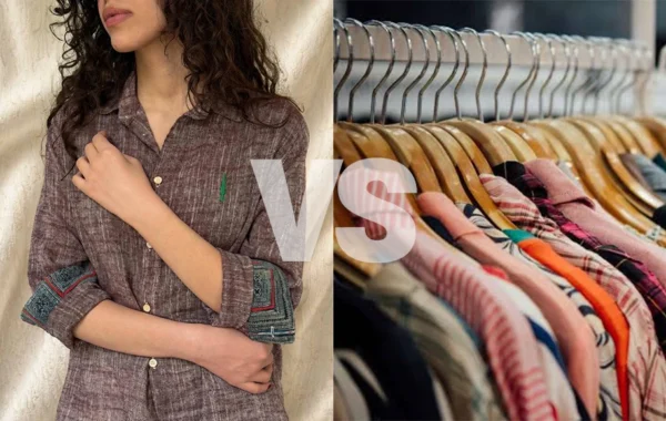 Slow fashion versus fast fashion comparison: a handcrafted linen shirt contrasted with a rack of mass-produced clothing