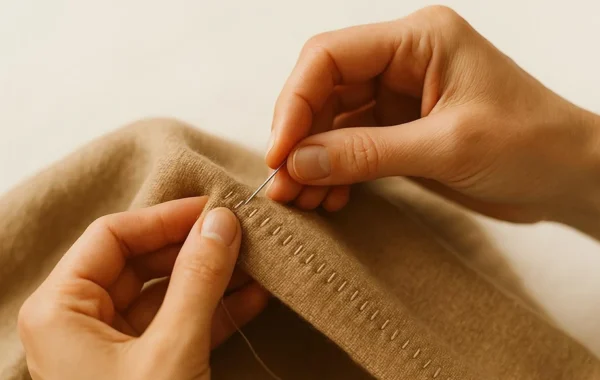 Artisan’s hands hand-stitching the edge of a camel wool fabric with needle and thread, a symbol of slow fashion craftsmanship