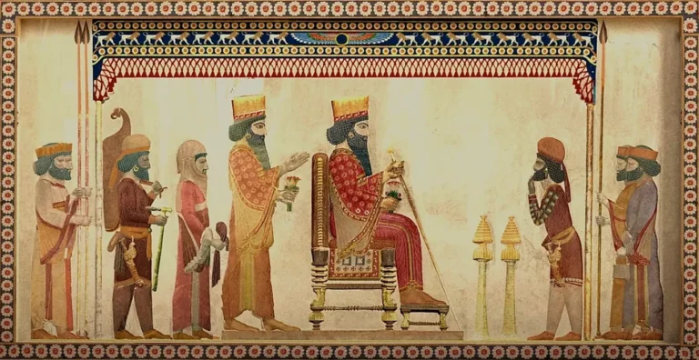 Painted reconstruction of an Achaemenid royal audience scene at Persepolis: the Great King seated on a throne under a ceremonial canopy, wearing a richly patterned red-and-gold robe and crenellated crown, surrounded by courtiers, guards, and tribute-bearers in distinct regional dress, reflecting rank-based clothing in the Persian Empire (c. 550–330 BCE).