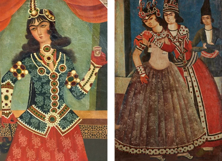 Two Qajar-era Persian oil paintings of court women: on the left, a woman in a dark blue floral jacket with jeweled pearl-and-gem ornamentation over a long red embroidered skirt, wearing an elaborate jeweled headdress and holding a glass; on the right, dancers and attendants in patterned layered dresses with decorative hat-like headdresses and heavy trim, characteristic of Qajar period dress and jewelry styles (1789–1925).