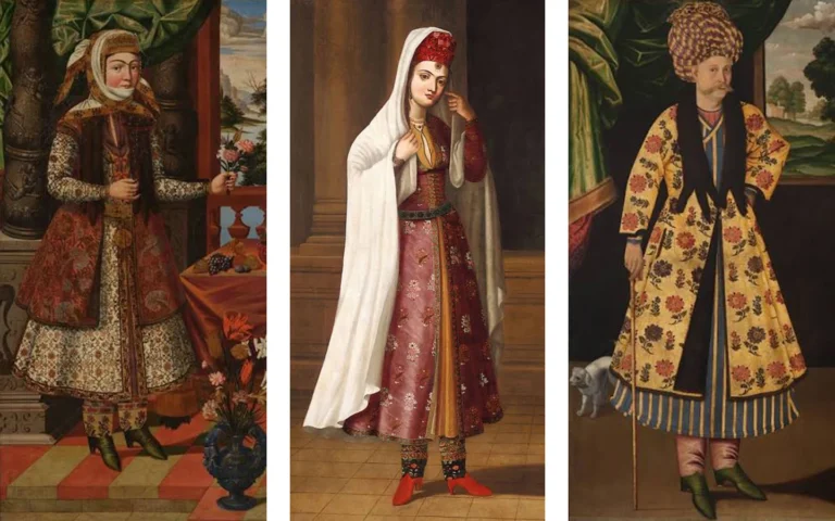 Three Persian court portraits in the Safavid painting tradition: a noblewoman in an embroidered floral gown and patterned veil holding a flower, a young woman in a flowing red floral silk dress with a white sheer veil and red headdress, and a courtier in a long yellow floral coat with black fur trim, an elaborate of the era.