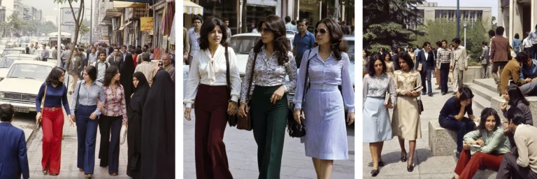 Triptych of photographs from 1970s Iran during the Pahlavi era: women walking on Tehran city streets and Tehran University campus wearing Western-style bell-bottom trousers, patterned blouses, skirts, and sunglasses alongside a woman in a black chador, illustrating the blend of Western fashion trends and everyday Iranian urban life (1925–1979).